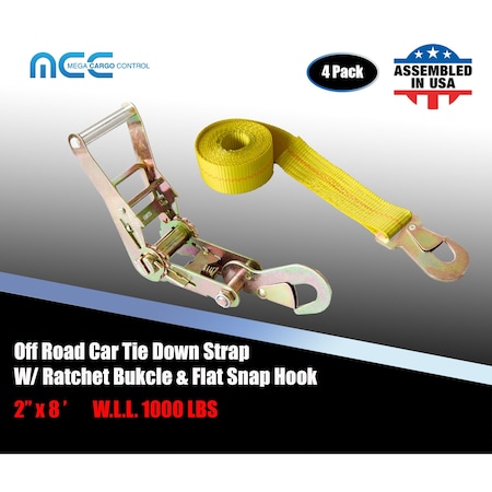 Tie 4 Safe 2" x 8' Off-Road Ratchet Tie Down Strap w/Snap Hook Auto Hauler Tow Truck Yellow, 4PK RT47-8-Y-C-4
